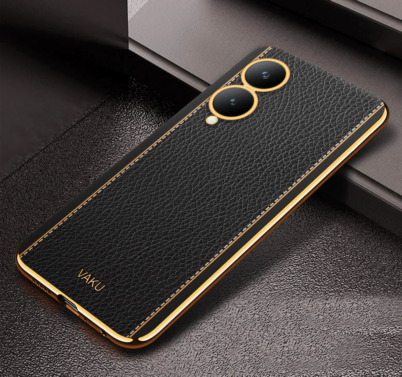 Vaku® Vivo Y17s Luxemberg Leather Stitched Gold Electroplated Soft TPU Back Cover Case - Image 3