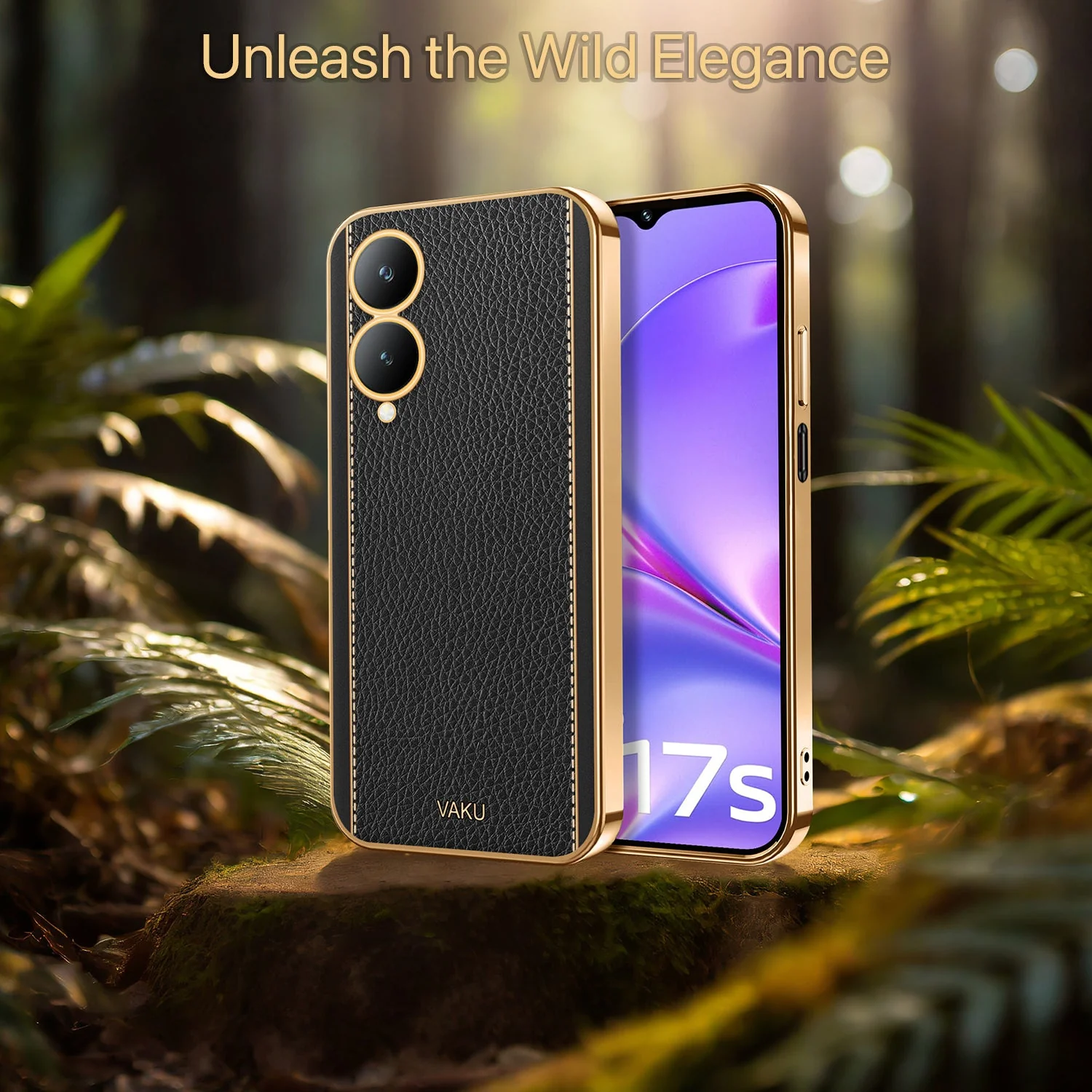 Vaku® Vivo Y17s Luxemberg Leather Stitched Gold Electroplated Soft TPU Back Cover Case - Image 4