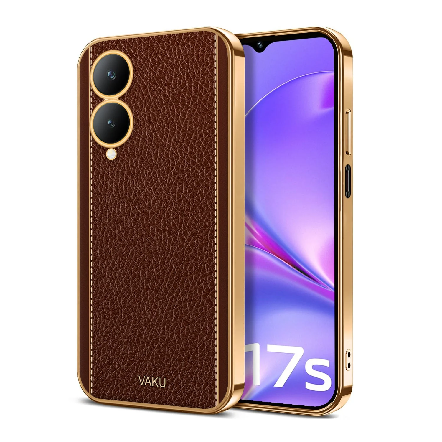 Vaku® Vivo Y17s Luxemberg Leather Stitched Gold Electroplated Soft TPU Back Cover Case - Image 6