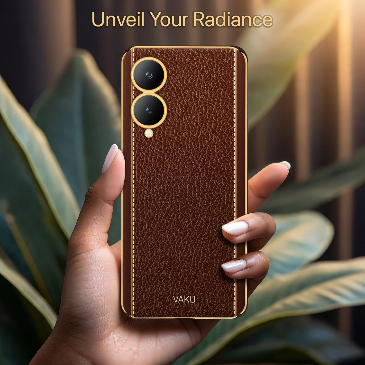 Vaku® Vivo Y17s Luxemberg Leather Stitched Gold Electroplated Soft TPU Back Cover Case - Image 9