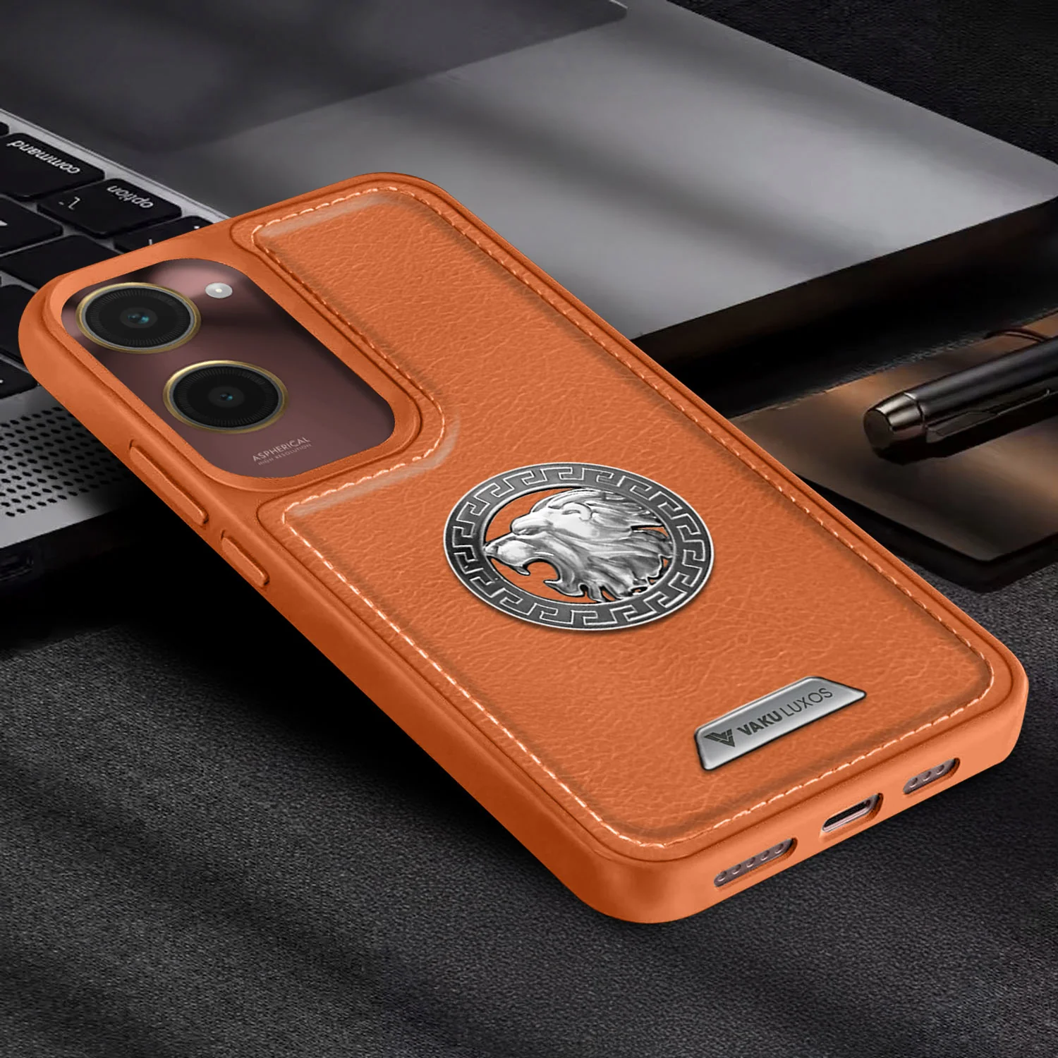 Vaku ® Vivo Y18 Regal Shield Metal Lion Engraved Leather Back Cover - Image 11
