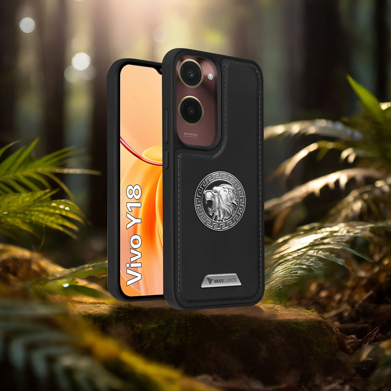 Vaku ® Vivo Y18 Regal Shield Metal Lion Engraved Leather Back Cover - Image 13
