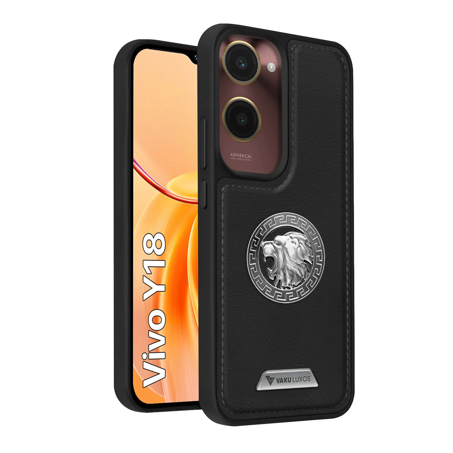 Vaku ® Vivo Y18 Regal Shield Metal Lion Engraved Leather Back Cover - Image 2