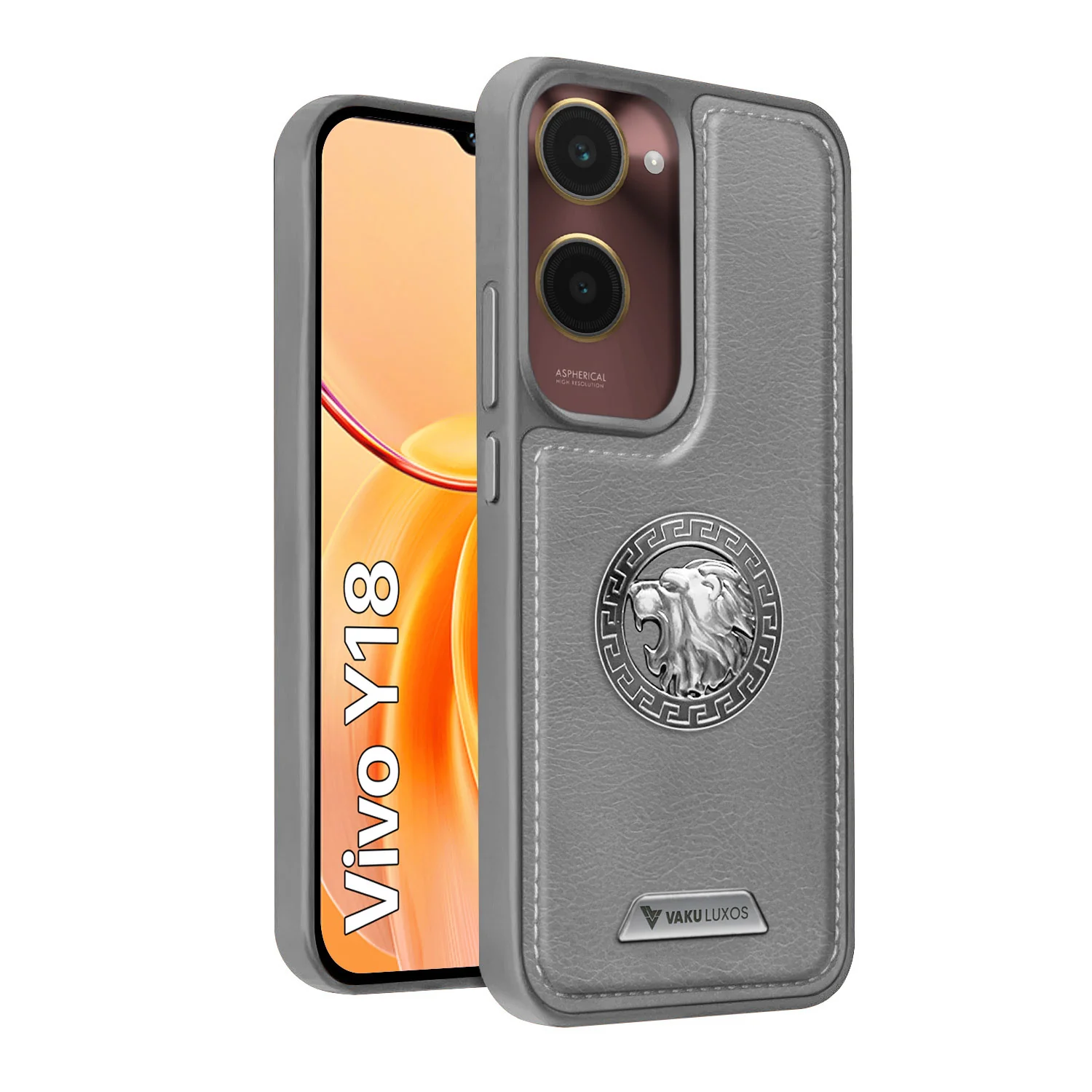 Vaku ® Vivo Y18 Regal Shield Metal Lion Engraved Leather Back Cover - Image 3