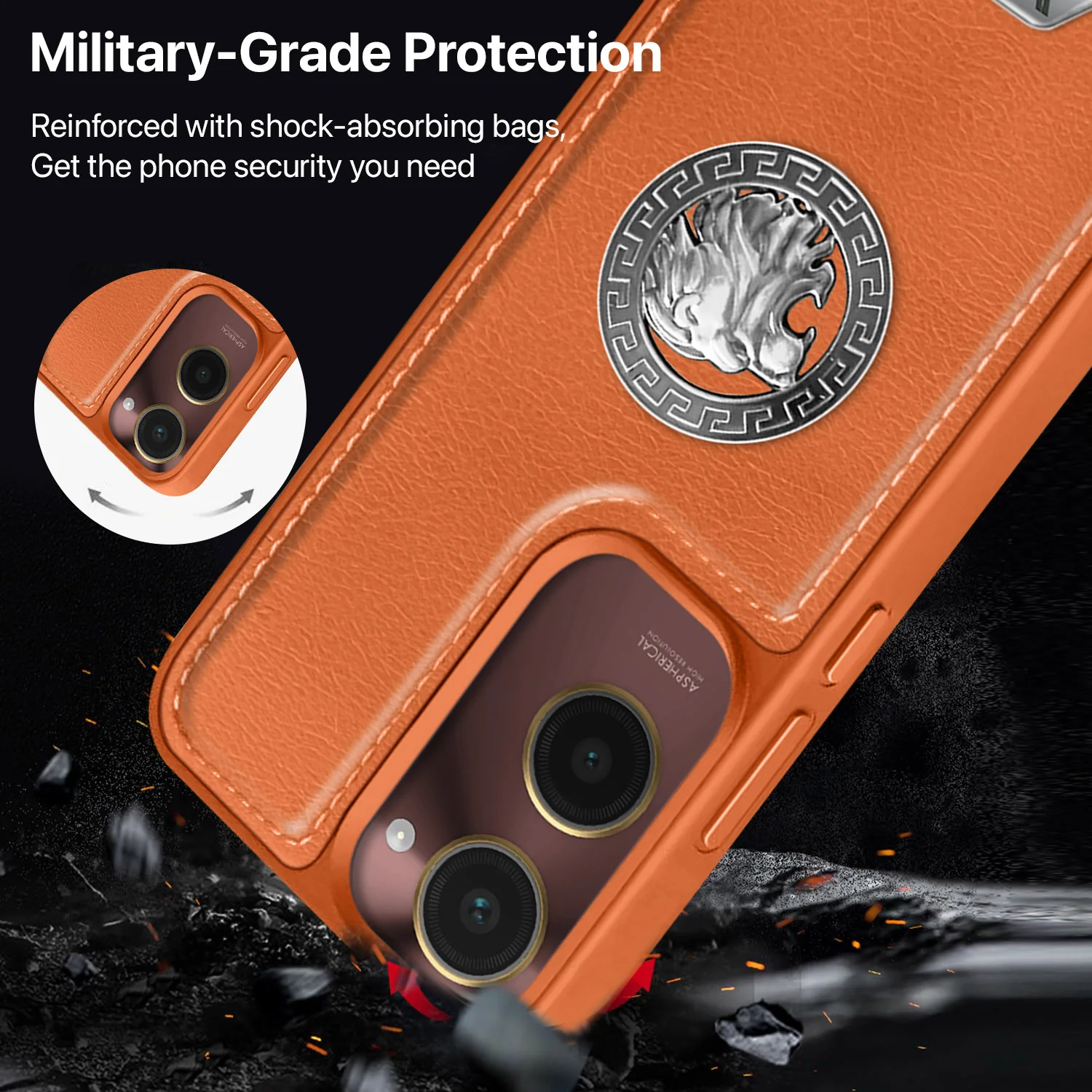 Vaku ® Vivo Y18 Regal Shield Metal Lion Engraved Leather Back Cover - Image 4