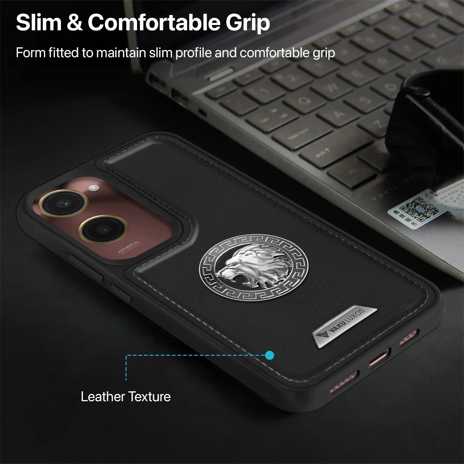 Vaku ® Vivo Y18 Regal Shield Metal Lion Engraved Leather Back Cover - Image 6