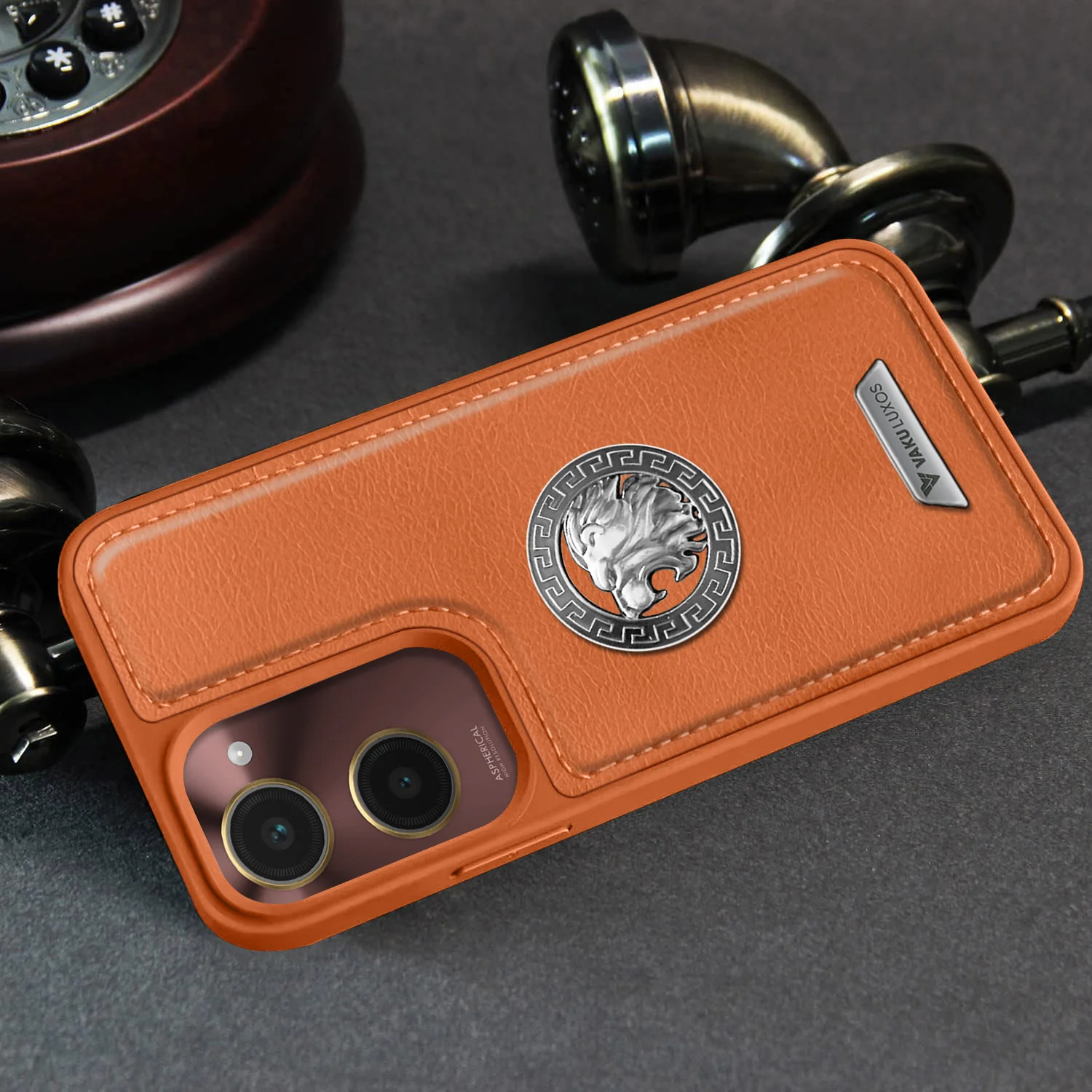 Vaku ® Vivo Y18 Regal Shield Metal Lion Engraved Leather Back Cover - Image 7