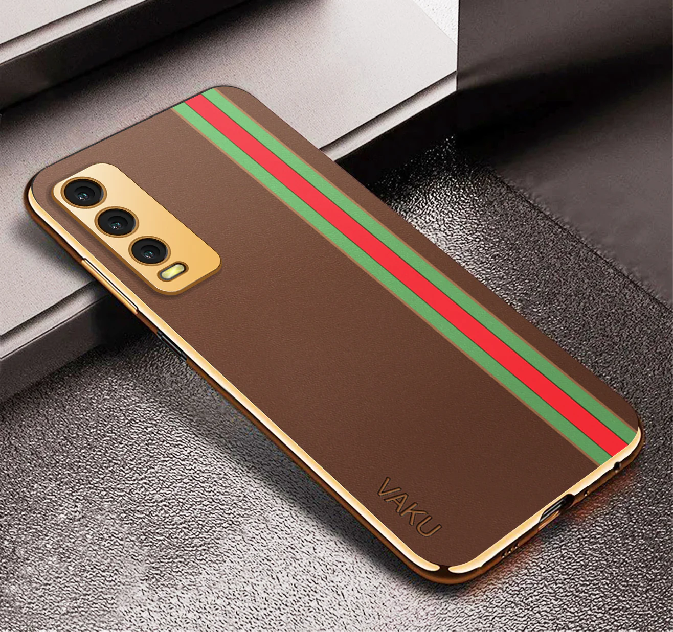 Vaku® Vivo Y20 Felix Line Leather Pattern Gold Electroplated Soft TPU Back Cover Case - Image 11