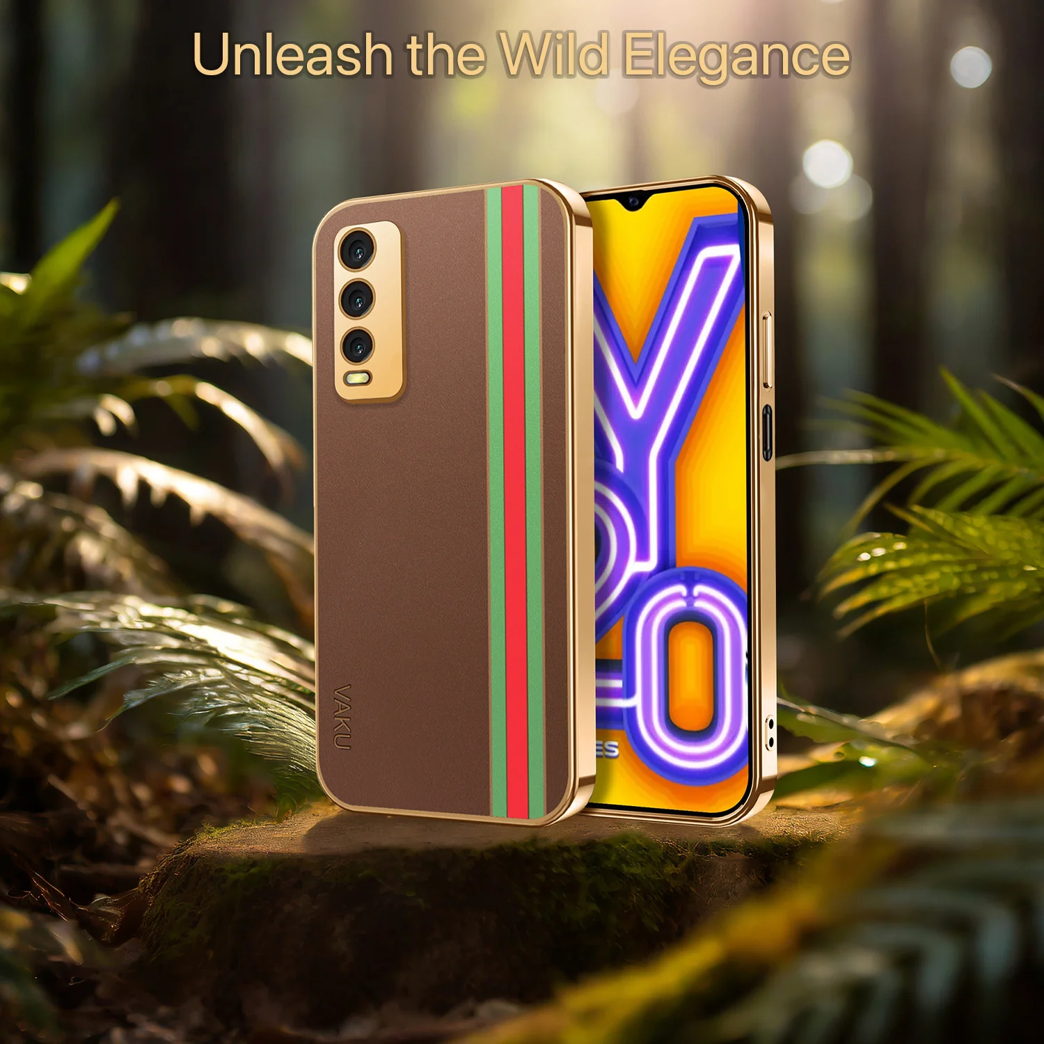 Vaku® Vivo Y20 Felix Line Leather Pattern Gold Electroplated Soft TPU Back Cover Case - Image 15
