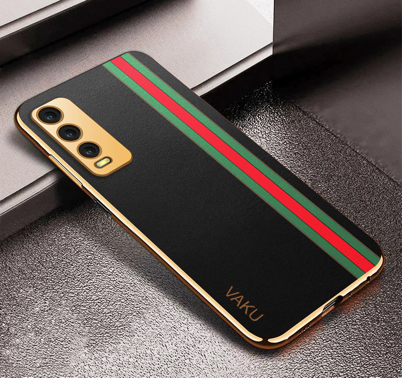 Vaku® Vivo Y20 Felix Line Leather Pattern Gold Electroplated Soft TPU Back Cover Case - Image 3