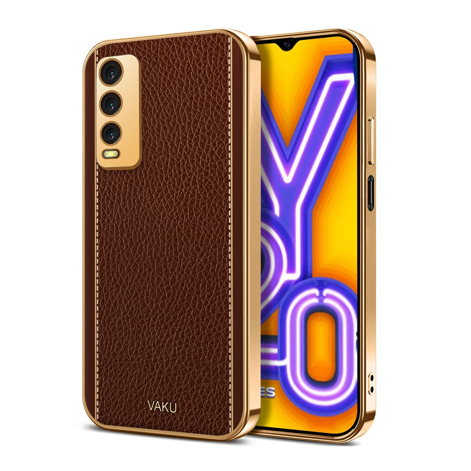 Vaku® Vivo Y20 Luxemberg Series Leather Stitched Gold Electroplated Soft TPU Back Cover - Image 10