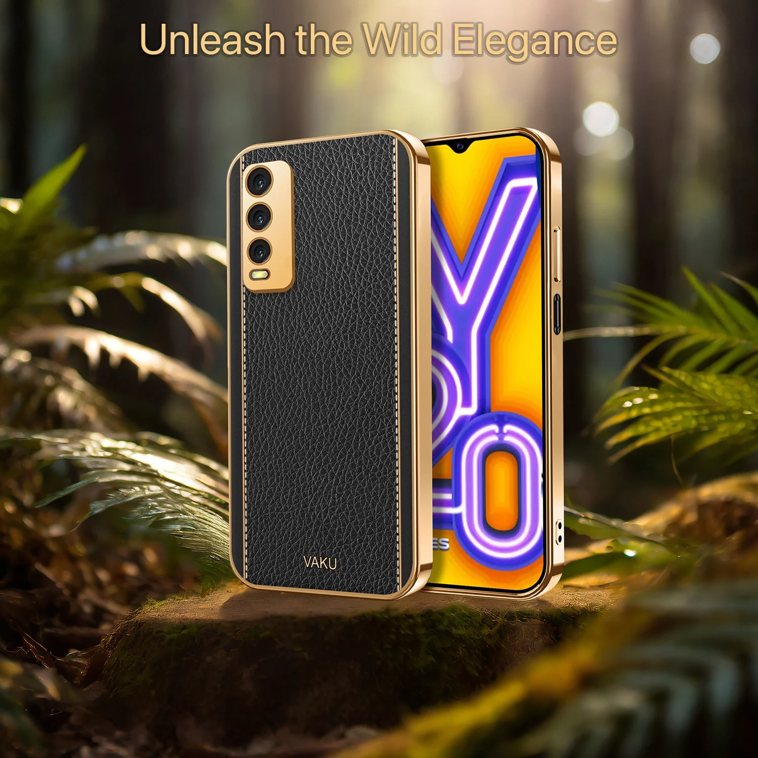Vaku® Vivo Y20 Luxemberg Series Leather Stitched Gold Electroplated Soft TPU Back Cover - Image 11
