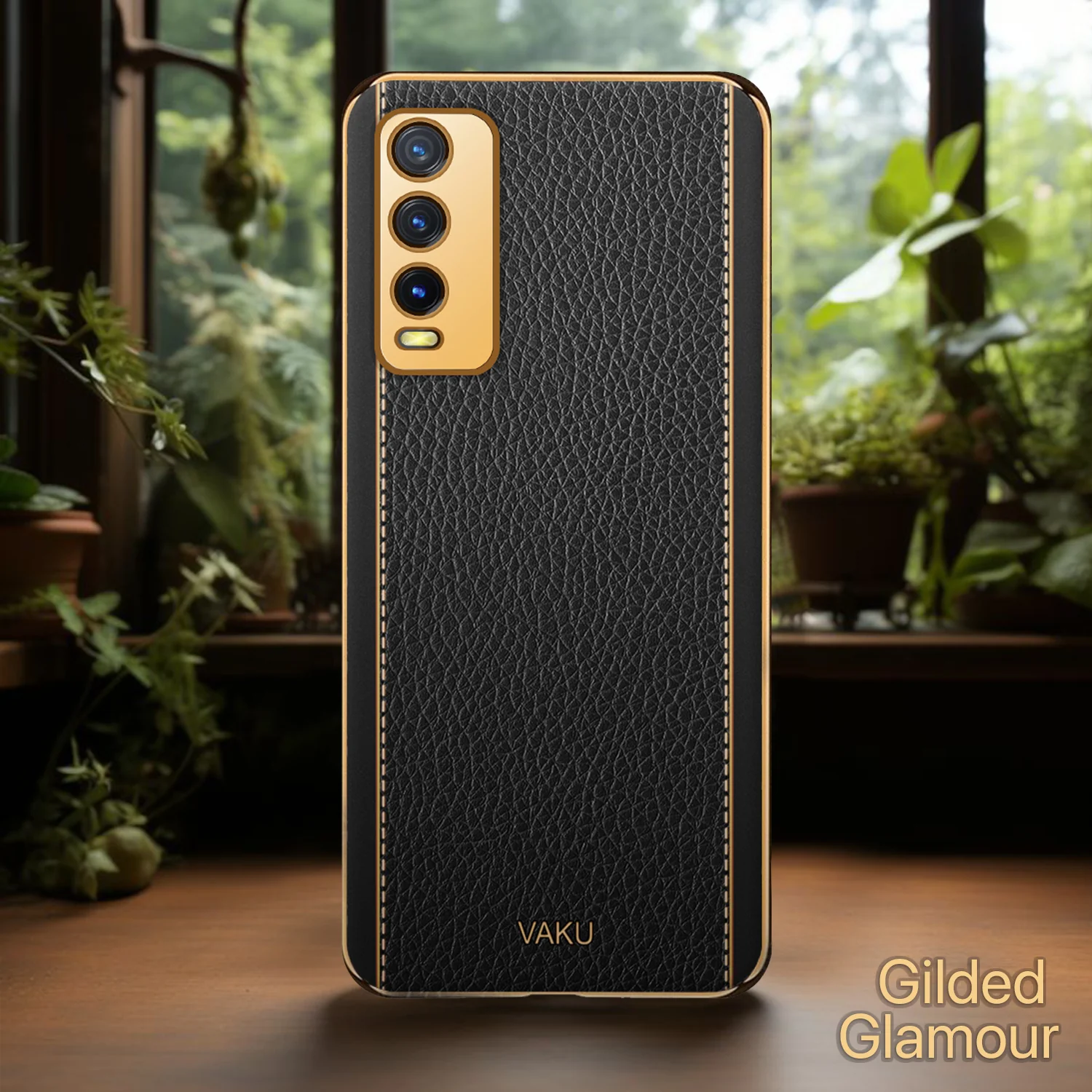 Vaku® Vivo Y20 Luxemberg Series Leather Stitched Gold Electroplated Soft TPU Back Cover - Image 12