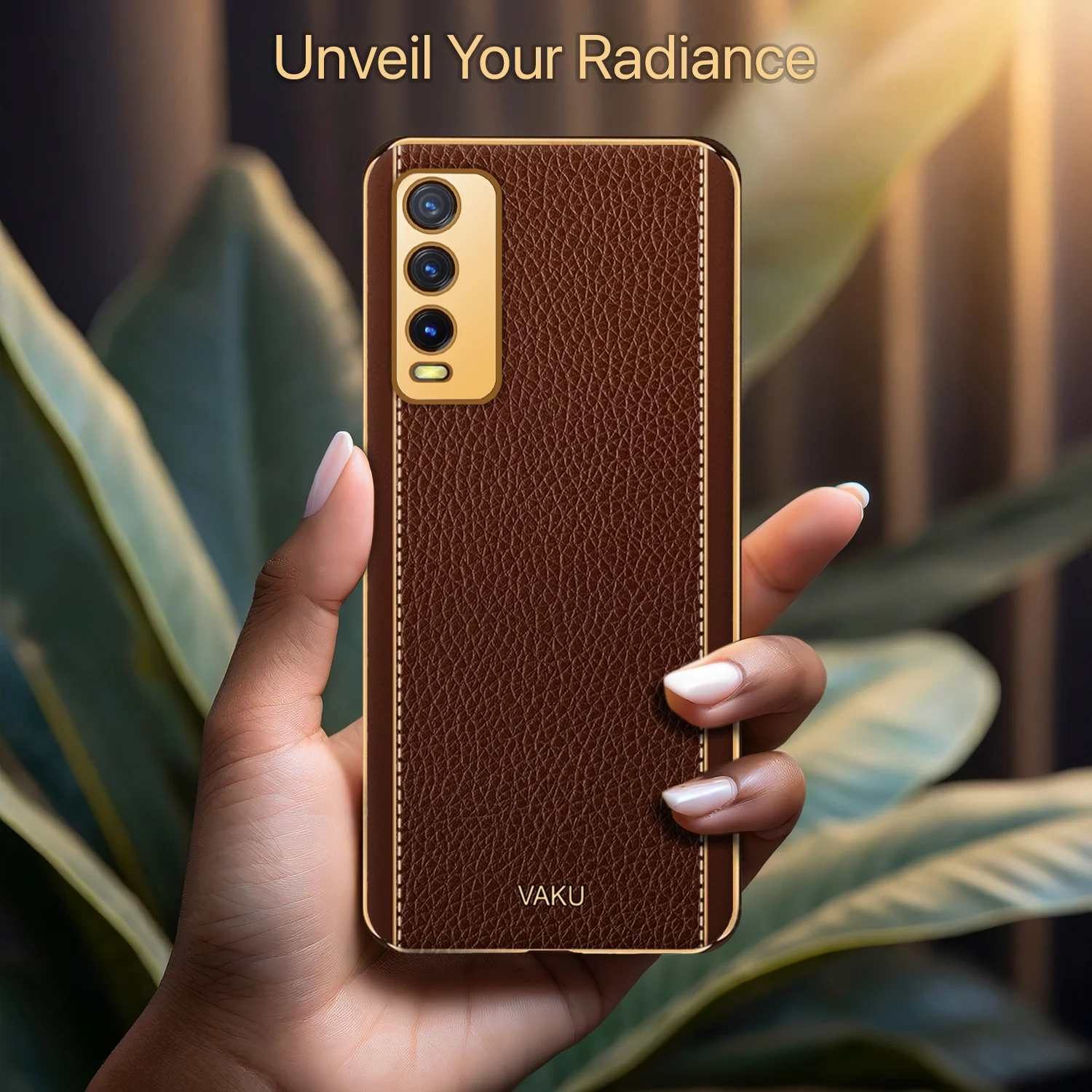 Vaku® Vivo Y20 Luxemberg Series Leather Stitched Gold Electroplated Soft TPU Back Cover - Image 14