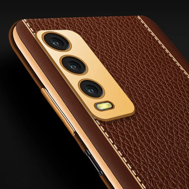Vaku® Vivo Y20 Luxemberg Series Leather Stitched Gold Electroplated Soft TPU Back Cover - Image 2