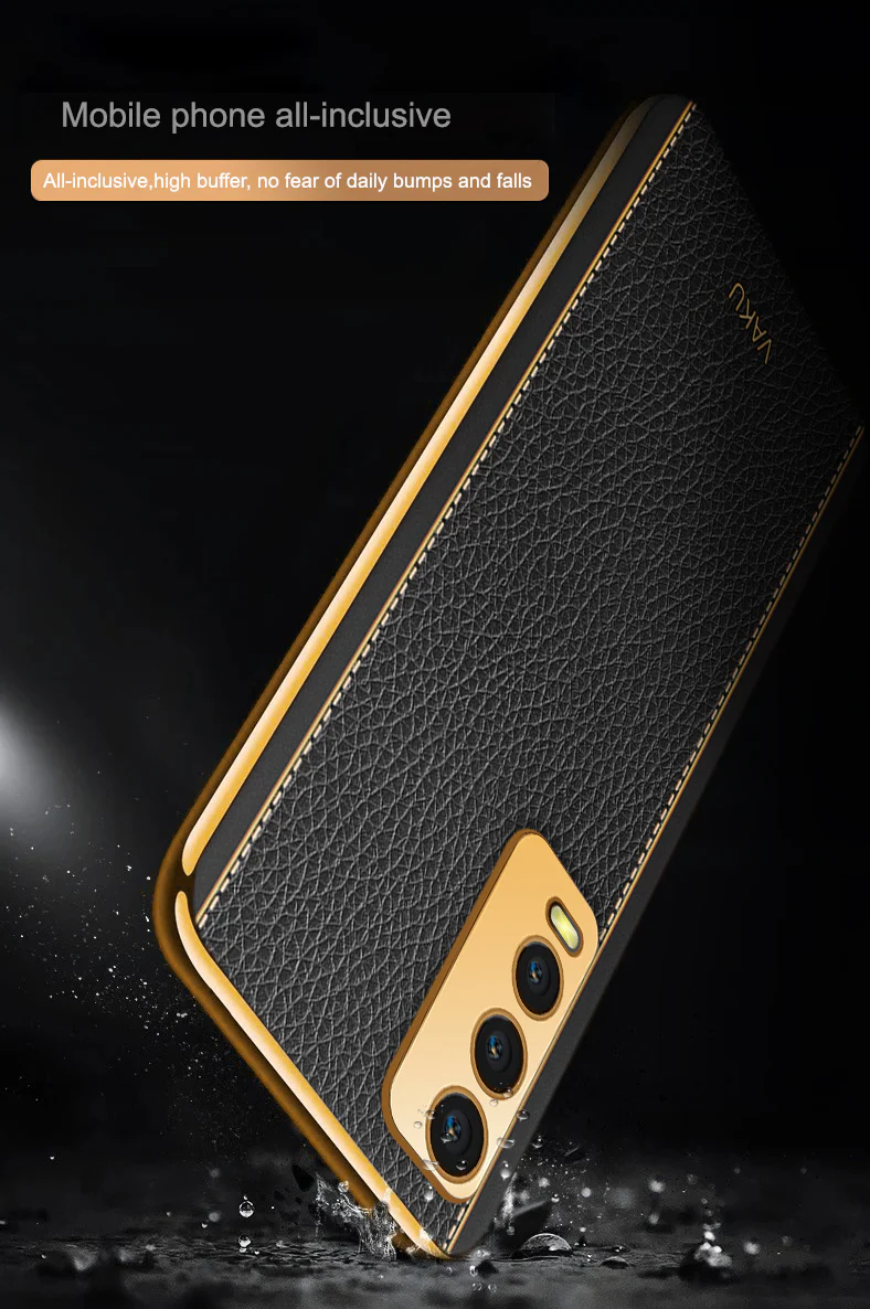 Vaku® Vivo Y20 Luxemberg Series Leather Stitched Gold Electroplated Soft TPU Back Cover - Image 7
