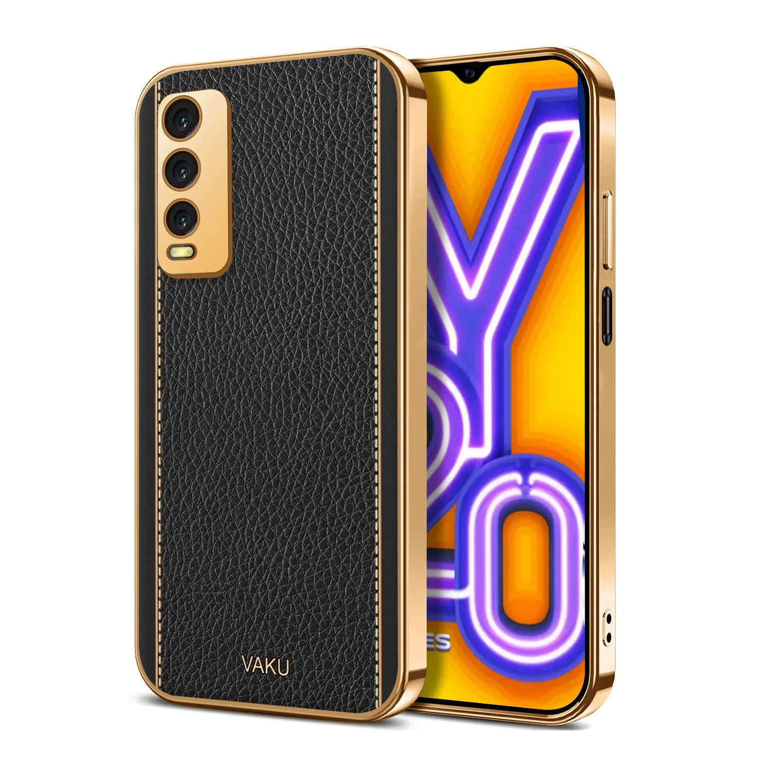 Vaku® Vivo Y20 Luxemberg Series Leather Stitched Gold Electroplated Soft TPU Back Cover - Image 8