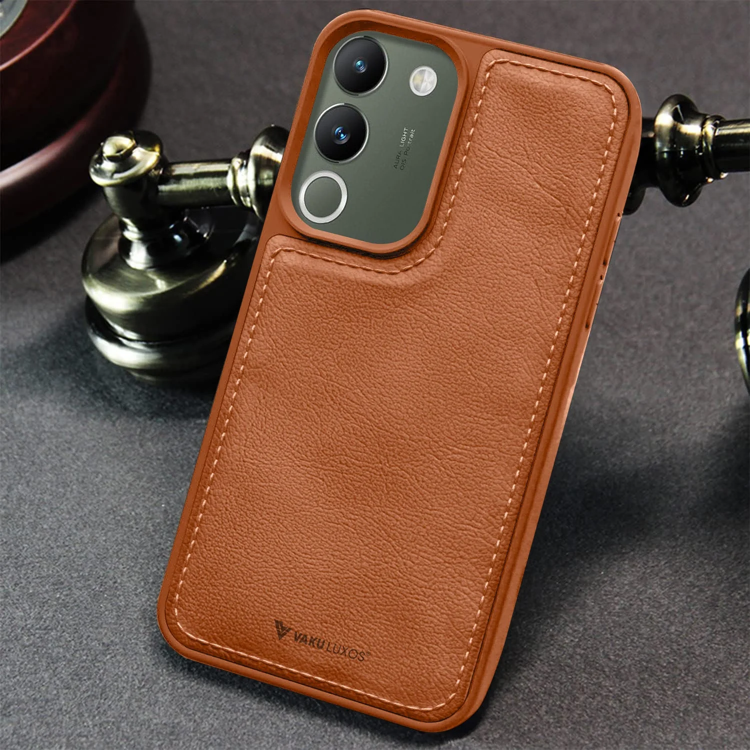 Vaku ® Vivo Y200 5G Luxe Premium Leather Stitched Protective Back Cover - Image 3