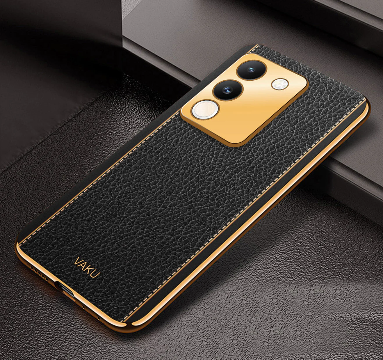 Vaku® Vivo Y200 5G Luxemberg Leather Pattern Gold Electroplated Soft TPU Back Cover - Image 2