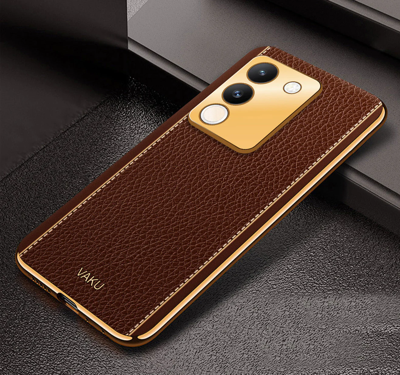 Vaku® Vivo Y200 5G Luxemberg Leather Pattern Gold Electroplated Soft TPU Back Cover - Image 4