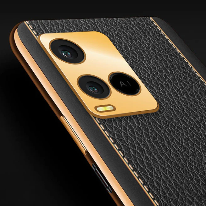 Vaku® Vivo Y21 Luxemberg Series Leather Stitched Gold Electroplated Soft TPU Back Cover - Image 2