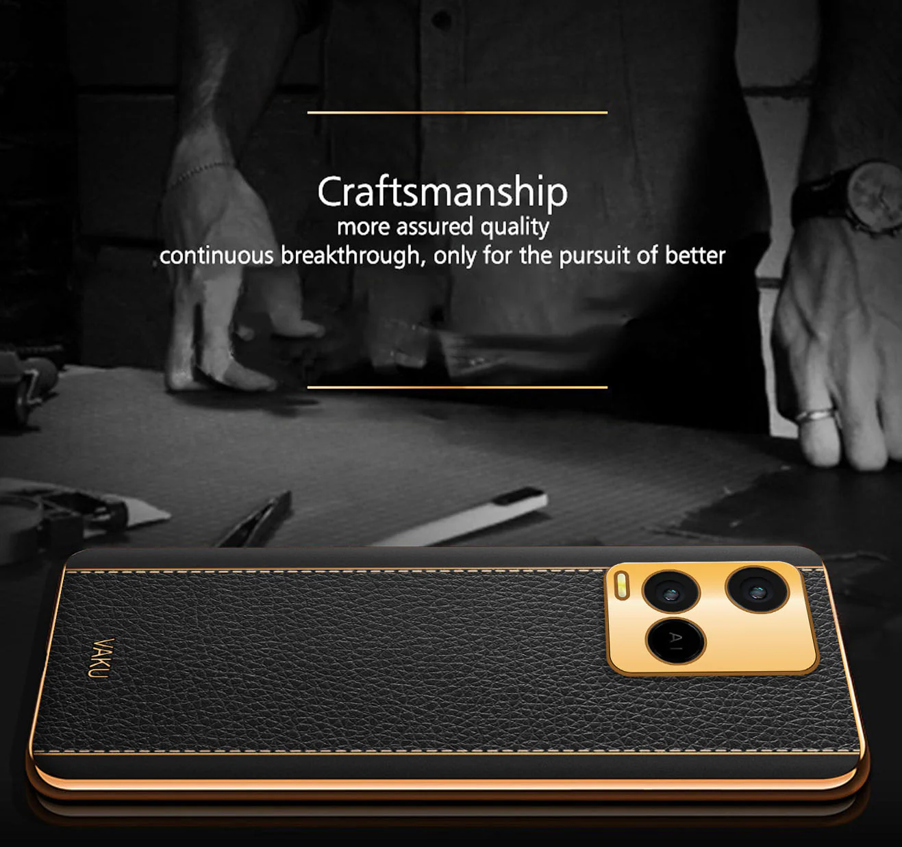 Vaku® Vivo Y21 Luxemberg Series Leather Stitched Gold Electroplated Soft TPU Back Cover - Image 5