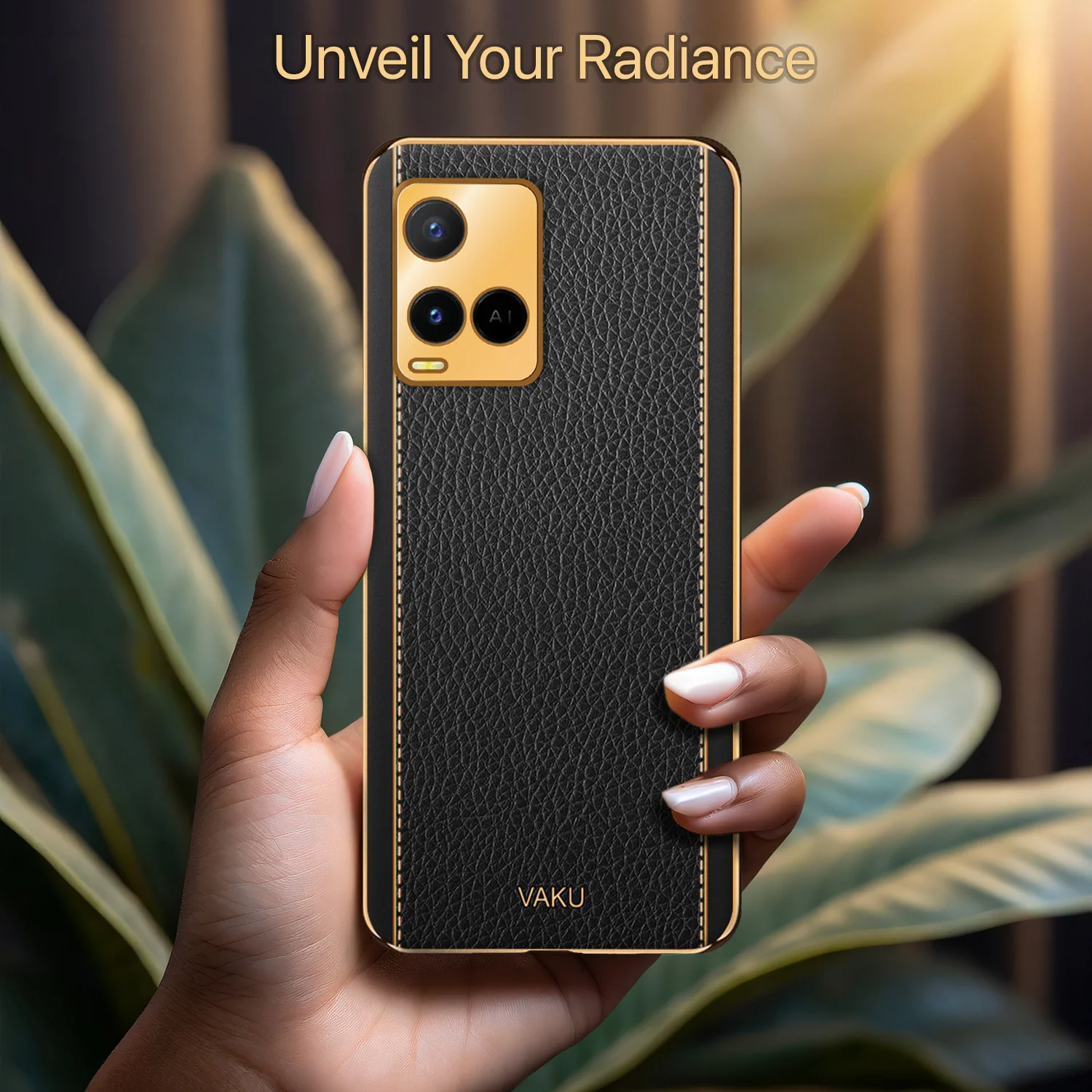 Vaku® Vivo Y21 Luxemberg Series Leather Stitched Gold Electroplated Soft TPU Back Cover - Image 6