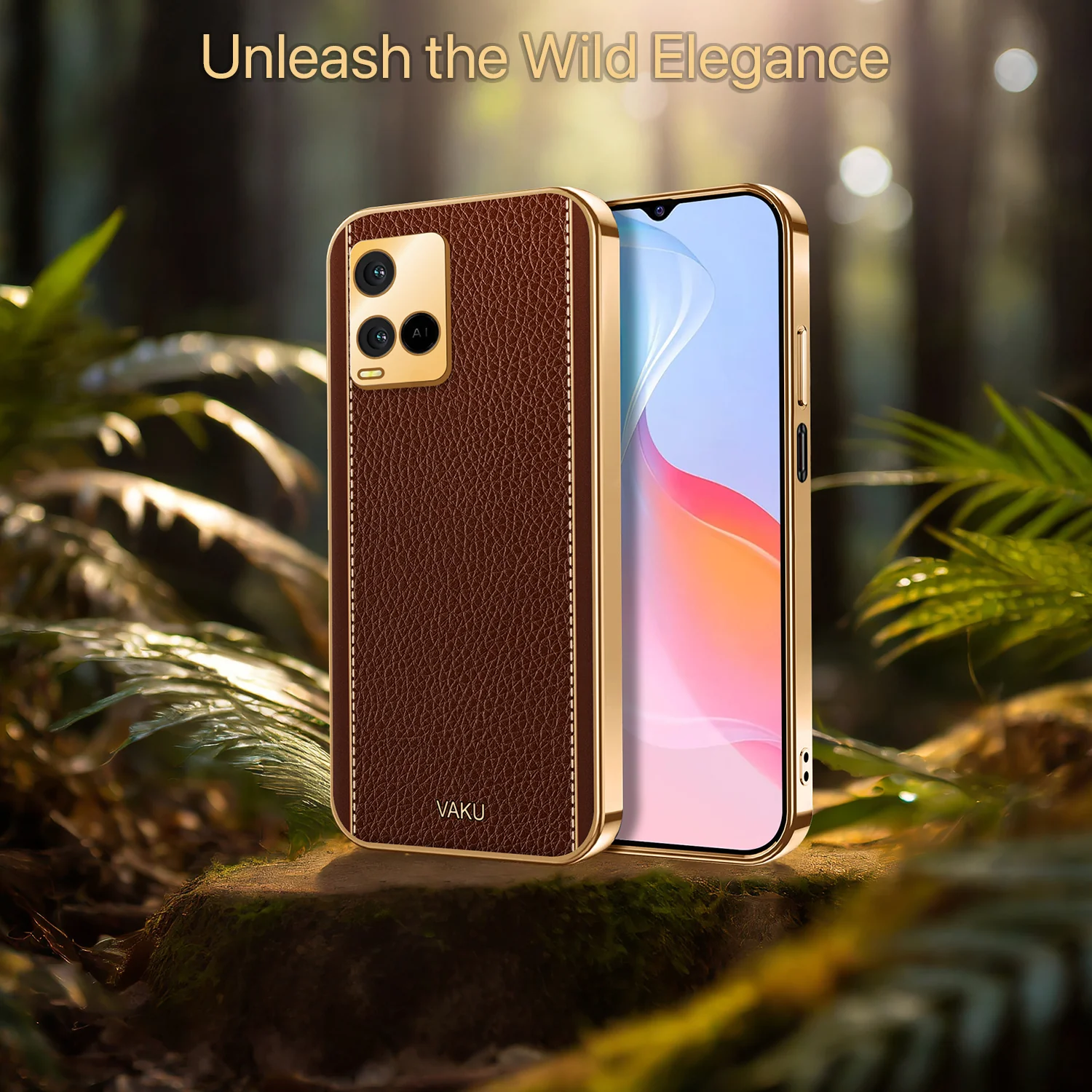 Vaku® Vivo Y21 Luxemberg Series Leather Stitched Gold Electroplated Soft TPU Back Cover - Image 9