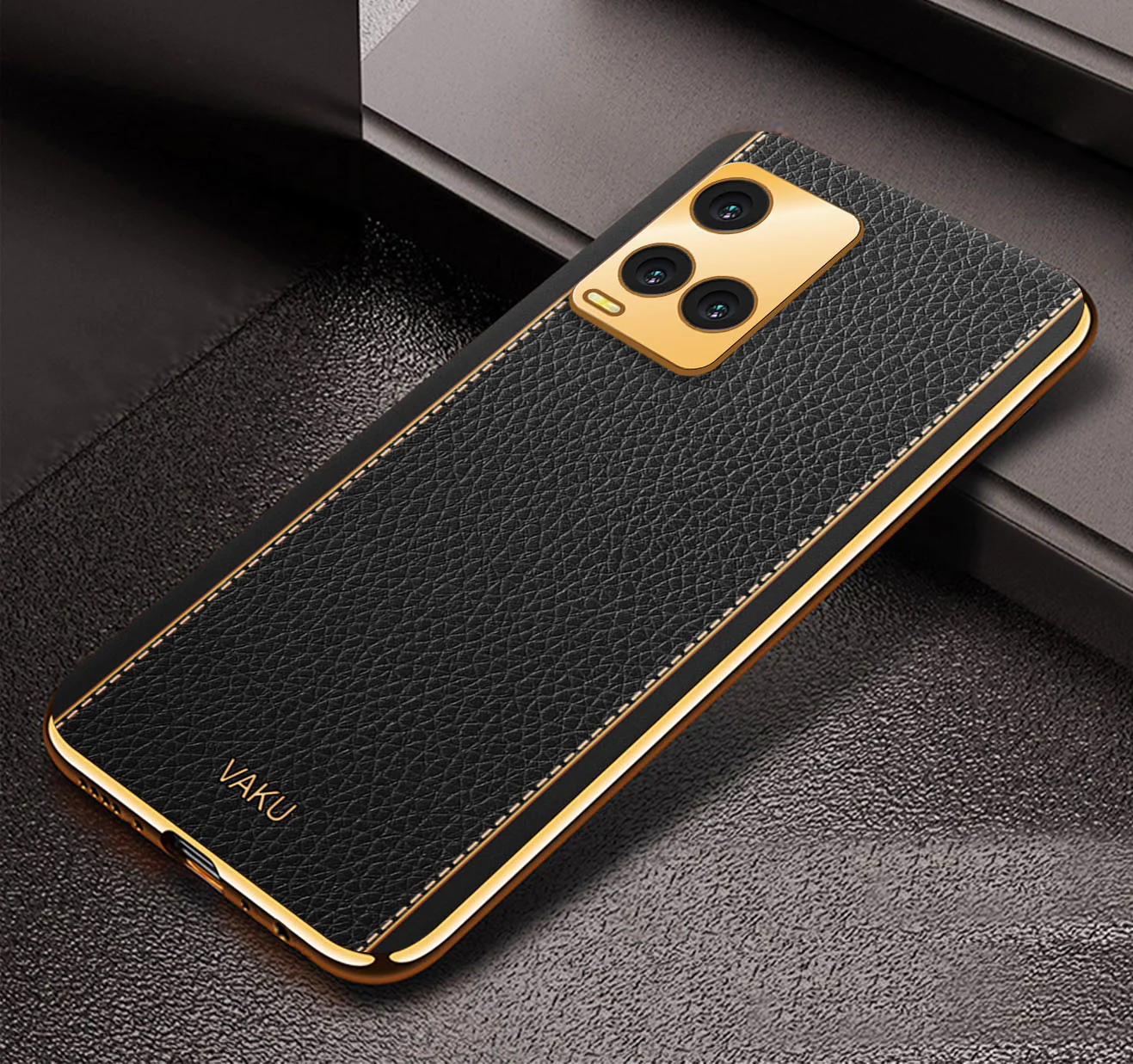 Vaku® Vivo Y21e 4G Luxemberg Series Leather Stitched Gold Electroplated Soft TPU Back Cover - Image 9