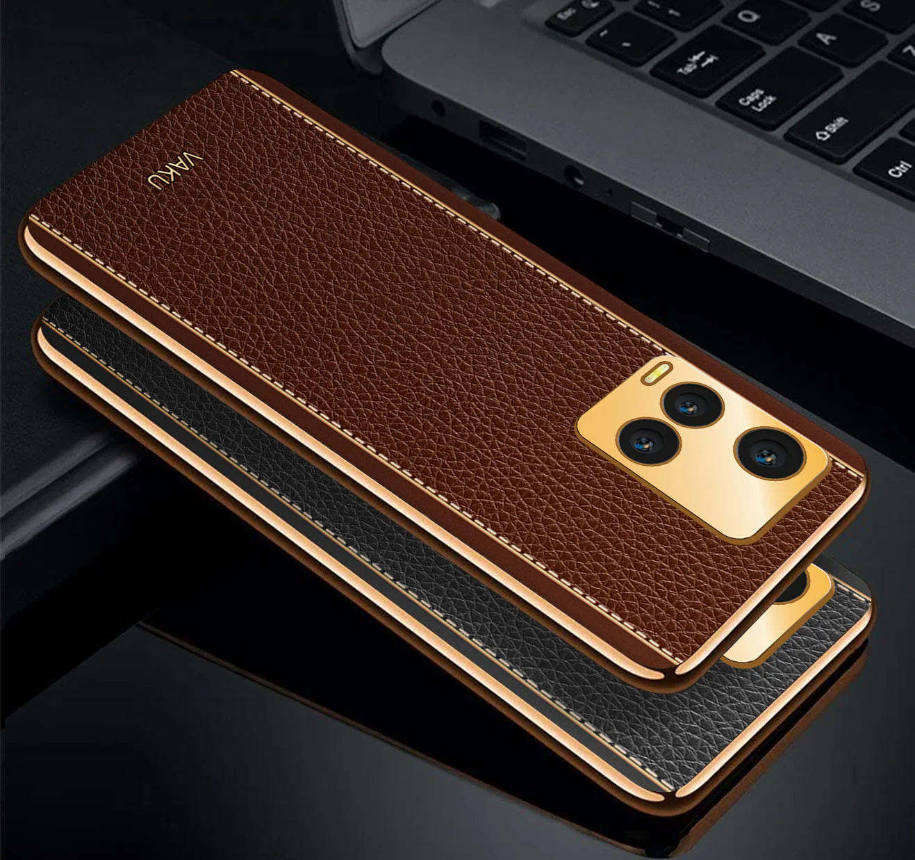 Vaku® Vivo Y21T Luxemberg Series Leather Stitched Gold Electroplated Soft TPU Back Cover - Image 4