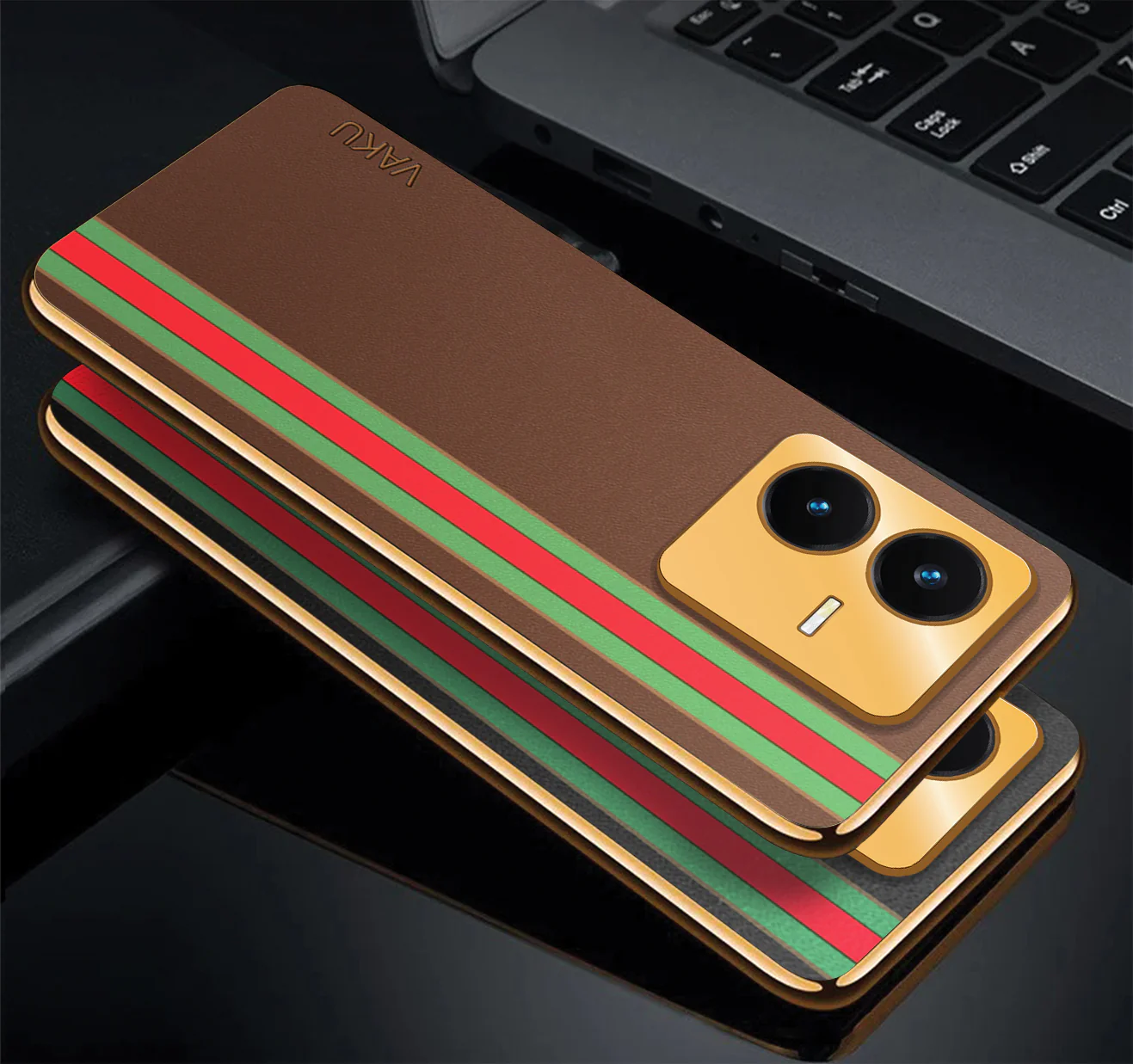 Vaku ® Vivo Y22 Felix Line Leather Stitched Gold Electroplated Soft TPU Back Cover Case - Image 10