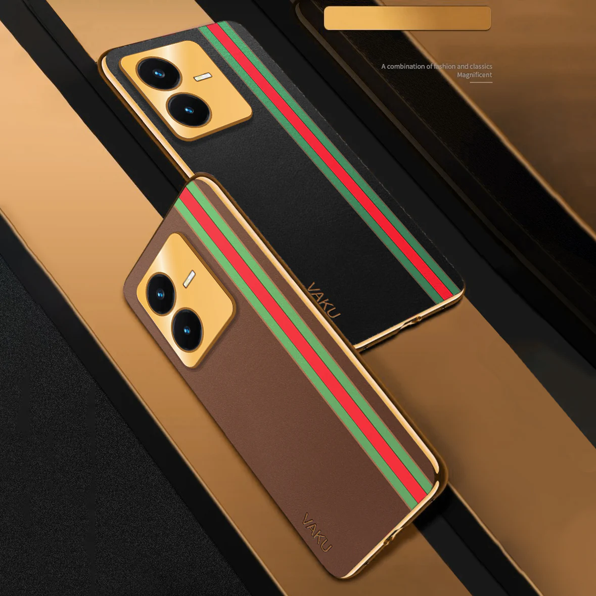 Vaku ® Vivo Y22 Felix Line Leather Stitched Gold Electroplated Soft TPU Back Cover Case - Image 12