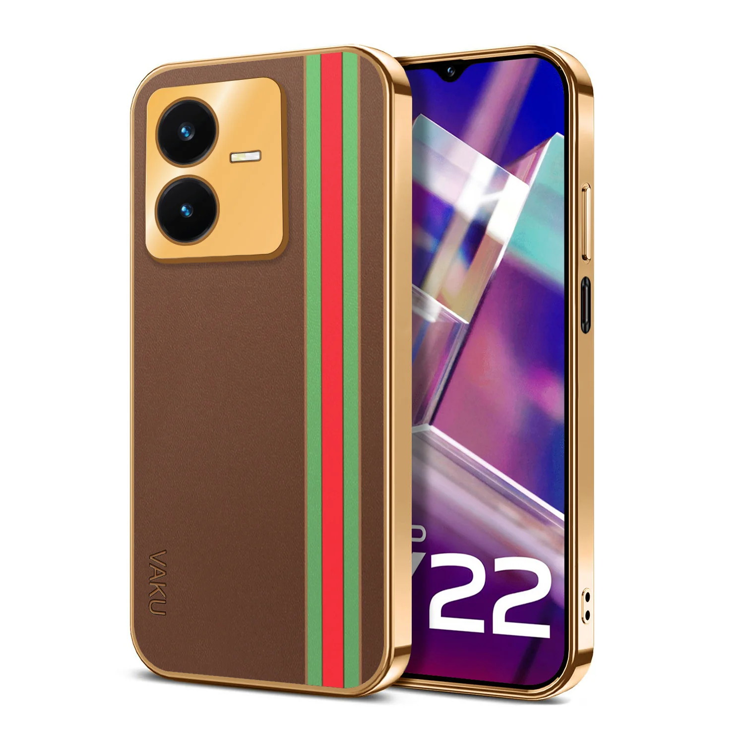 Vaku ® Vivo Y22 Felix Line Leather Stitched Gold Electroplated Soft TPU Back Cover Case - Image 13