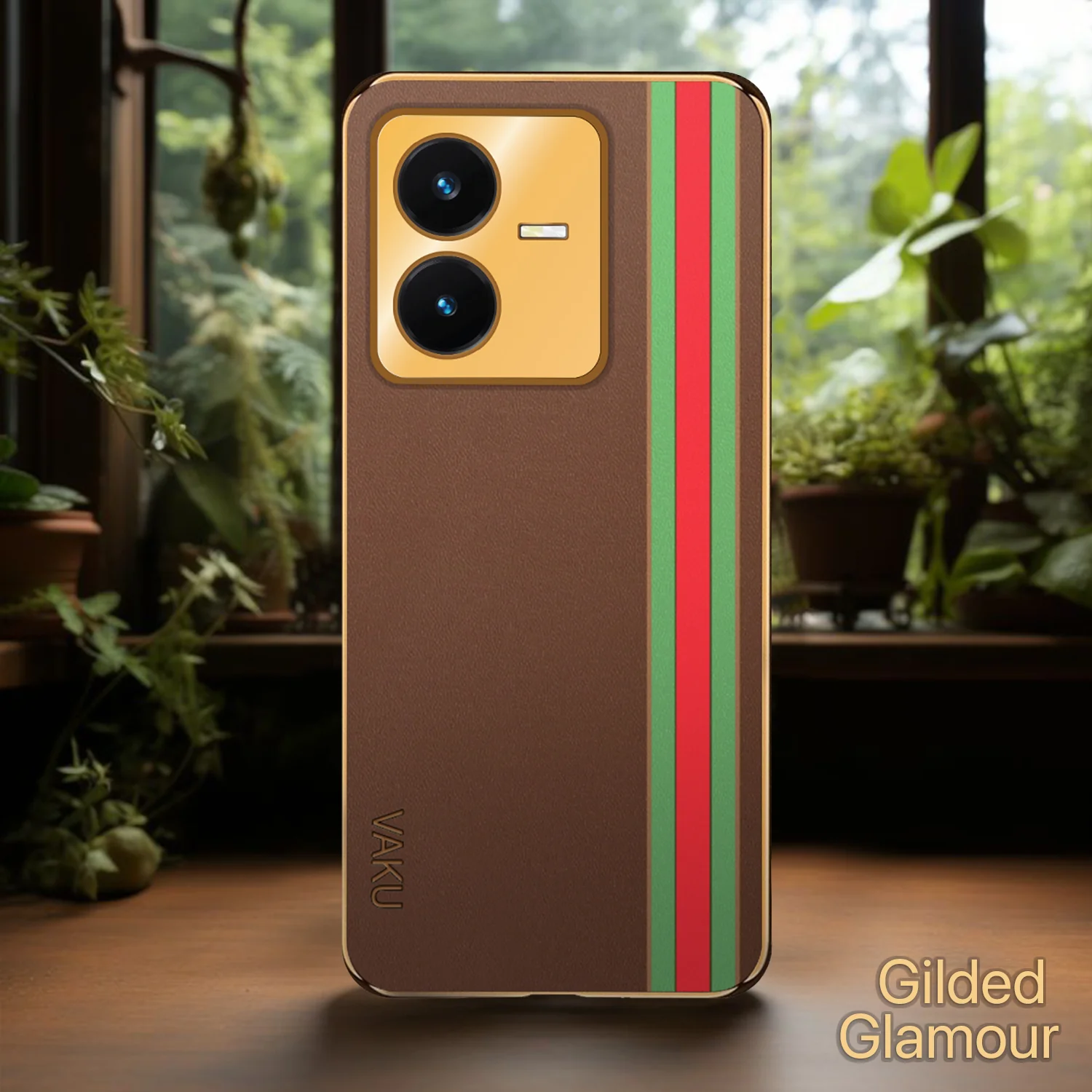 Vaku ® Vivo Y22 Felix Line Leather Stitched Gold Electroplated Soft TPU Back Cover Case - Image 14