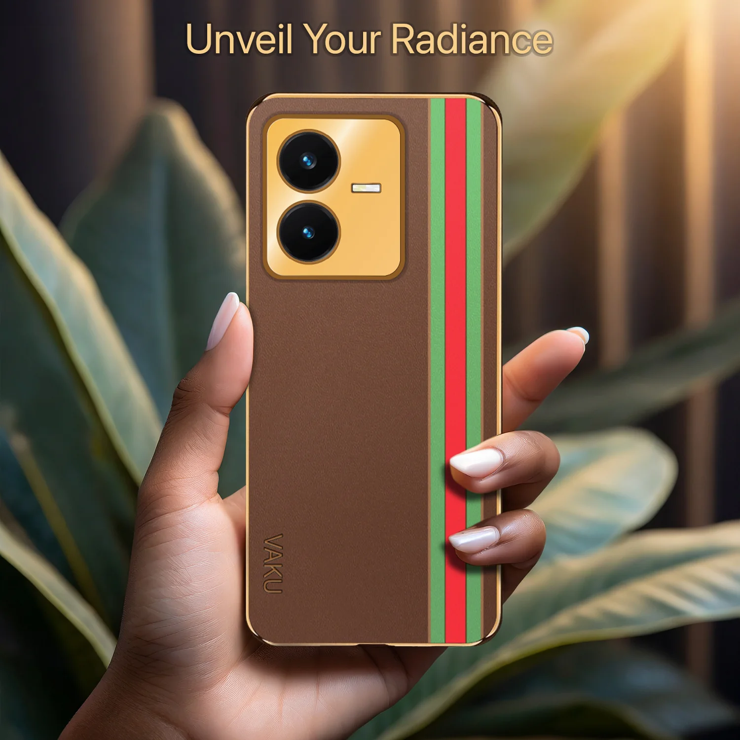 Vaku ® Vivo Y22 Felix Line Leather Stitched Gold Electroplated Soft TPU Back Cover Case - Image 15