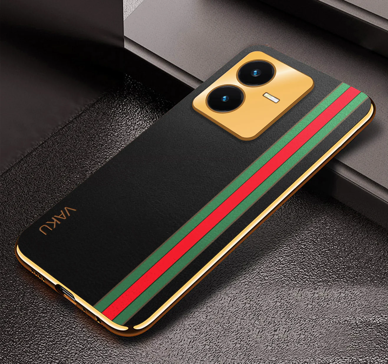 Vaku ® Vivo Y22 Felix Line Leather Stitched Gold Electroplated Soft TPU Back Cover Case - Image 3