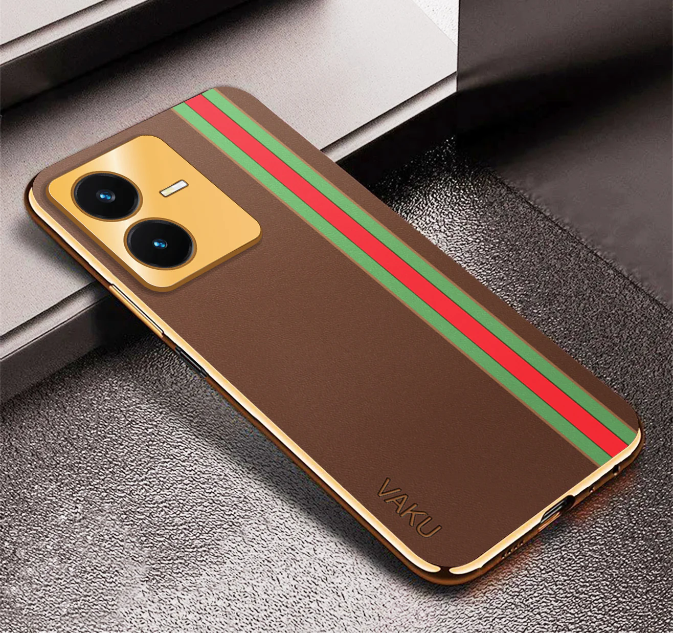 Vaku ® Vivo Y22 Felix Line Leather Stitched Gold Electroplated Soft TPU Back Cover Case - Image 5