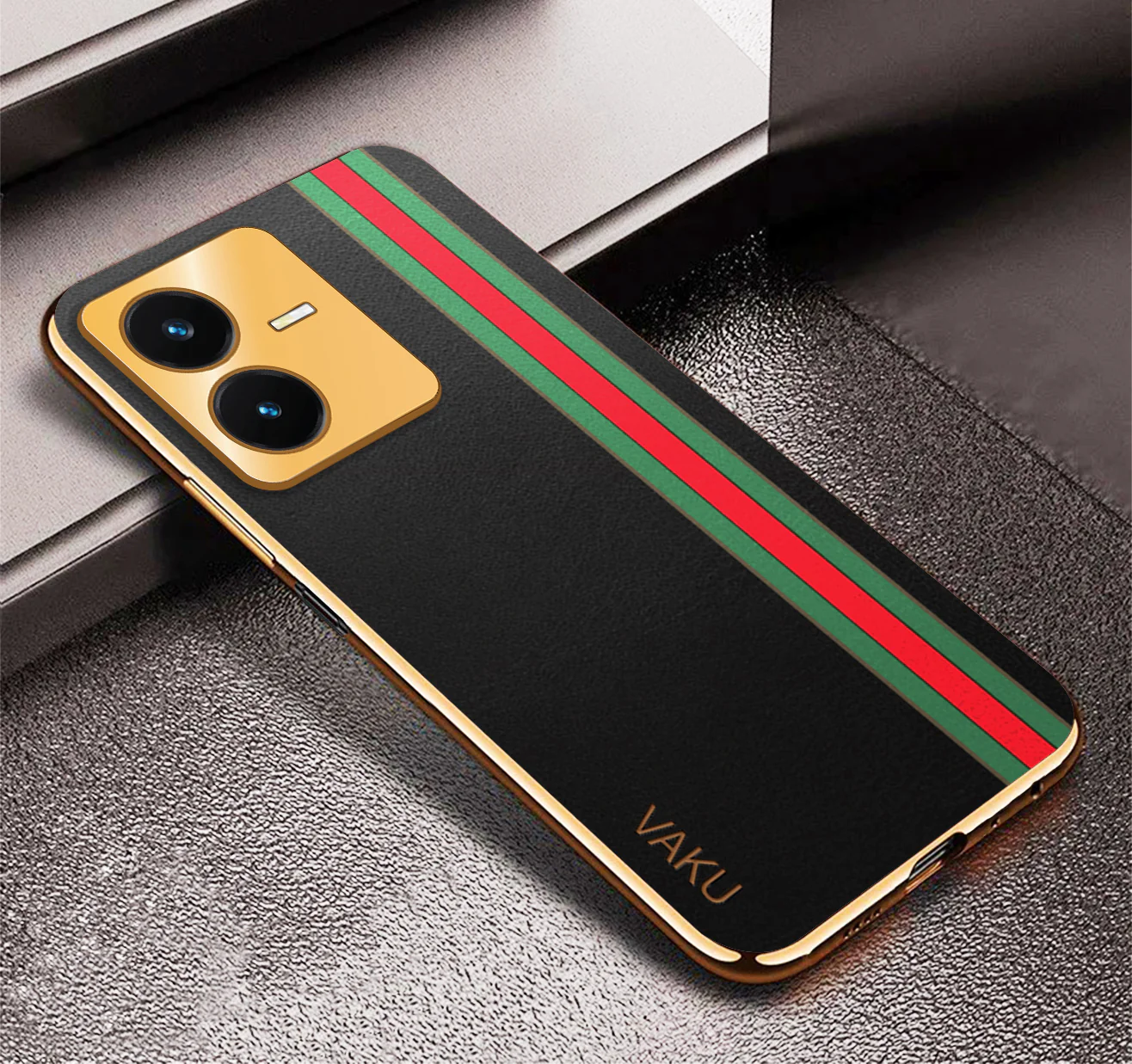 Vaku ® Vivo Y22 Felix Line Leather Stitched Gold Electroplated Soft TPU Back Cover Case - Image 6
