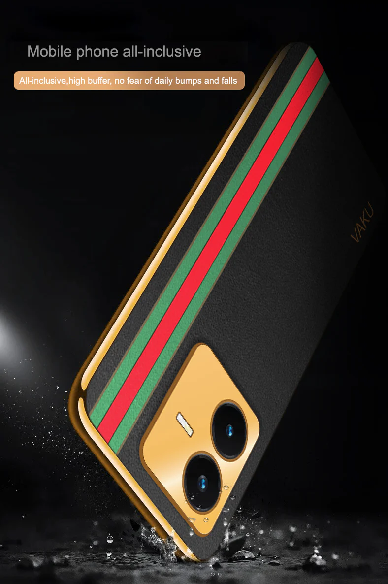 Vaku ® Vivo Y22 Felix Line Leather Stitched Gold Electroplated Soft TPU Back Cover Case - Image 7