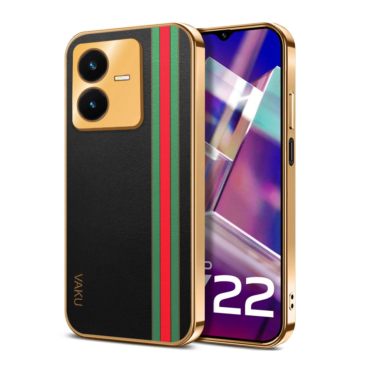 Vaku ® Vivo Y22 Felix Line Leather Stitched Gold Electroplated Soft TPU Back Cover Case - Image 8