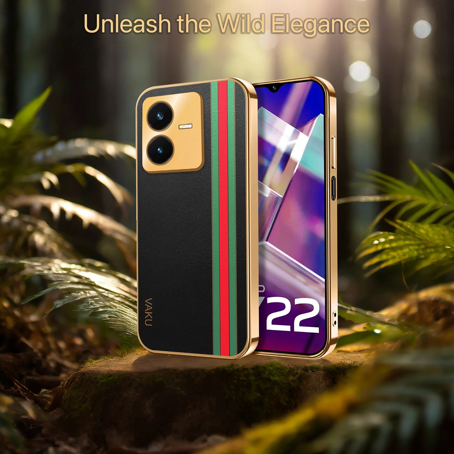 Vaku ® Vivo Y22 Felix Line Leather Stitched Gold Electroplated Soft TPU Back Cover Case - Image 9
