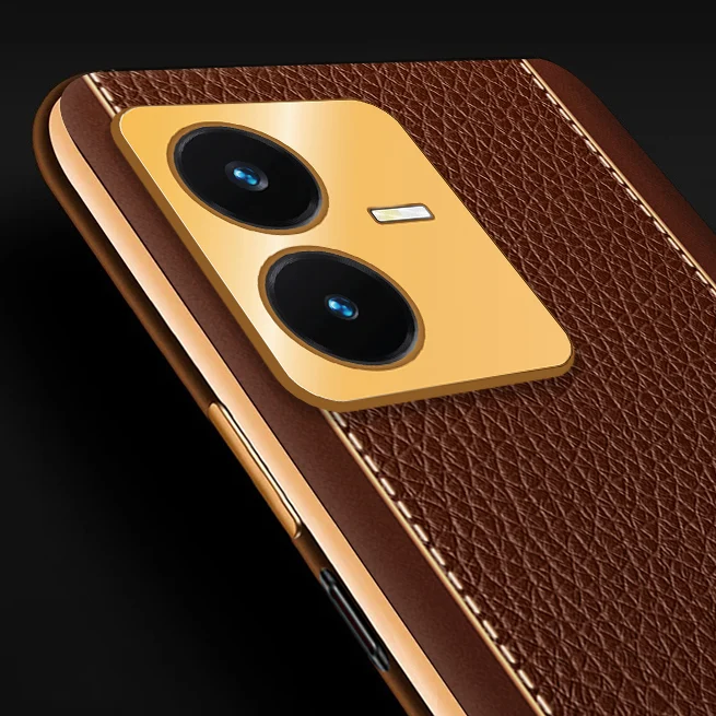 Vaku ® Vivo Y22 Luxemberg Series Leather Stitched Gold Electroplated Soft TPU Back Cover - Image 12