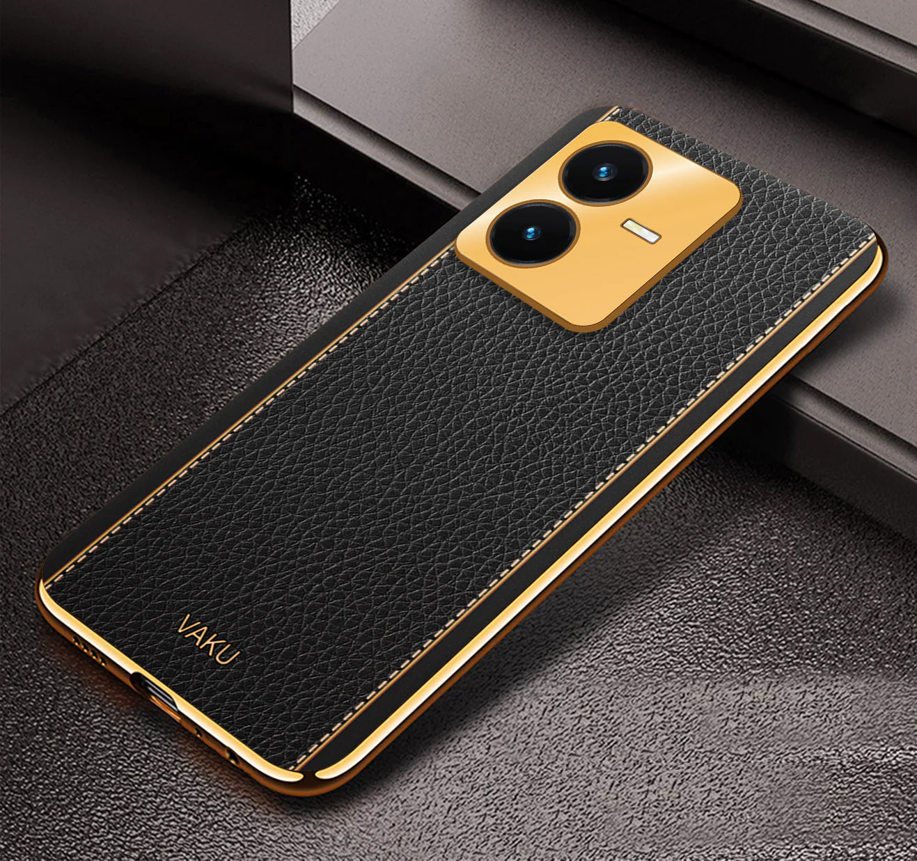 Vaku ® Vivo Y22 Luxemberg Series Leather Stitched Gold Electroplated Soft TPU Back Cover - Image 13