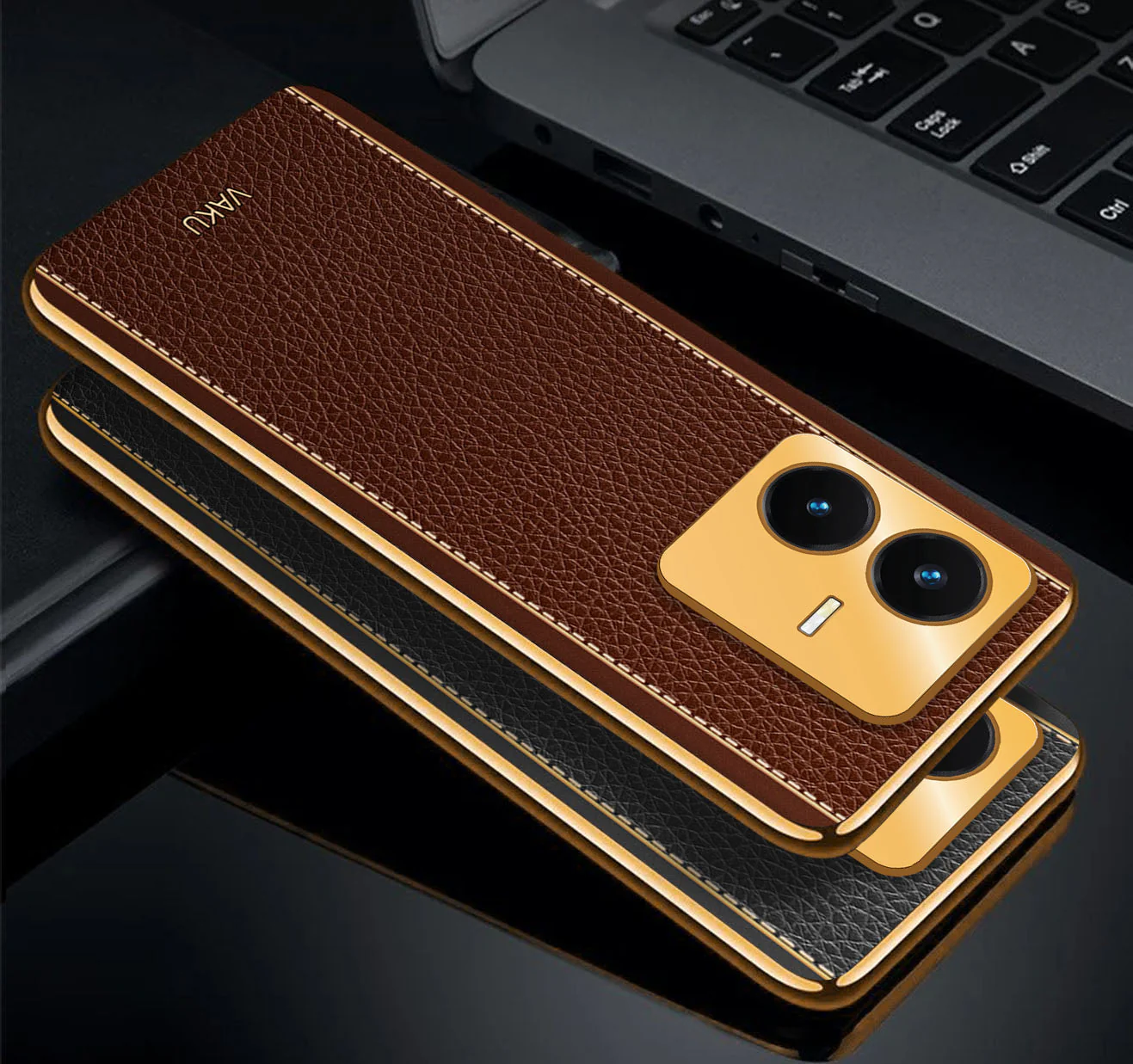 Vaku ® Vivo Y22 Luxemberg Series Leather Stitched Gold Electroplated Soft TPU Back Cover - Image 14