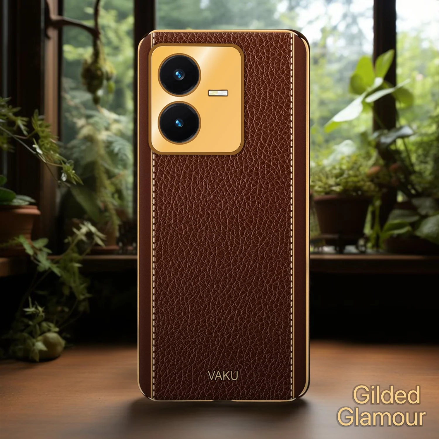 Vaku ® Vivo Y22 Luxemberg Series Leather Stitched Gold Electroplated Soft TPU Back Cover - Image 2