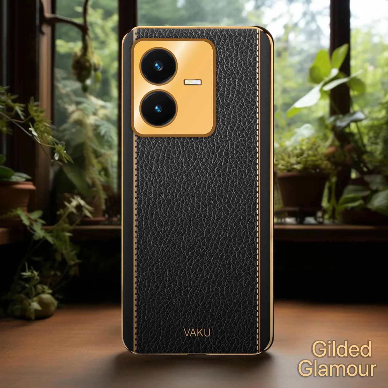 Vaku ® Vivo Y22 Luxemberg Series Leather Stitched Gold Electroplated Soft TPU Back Cover - Image 5