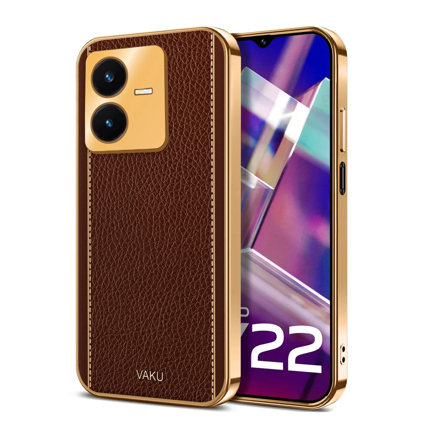 Vaku ® Vivo Y22 Luxemberg Series Leather Stitched Gold Electroplated Soft TPU Back Cover - Image 6