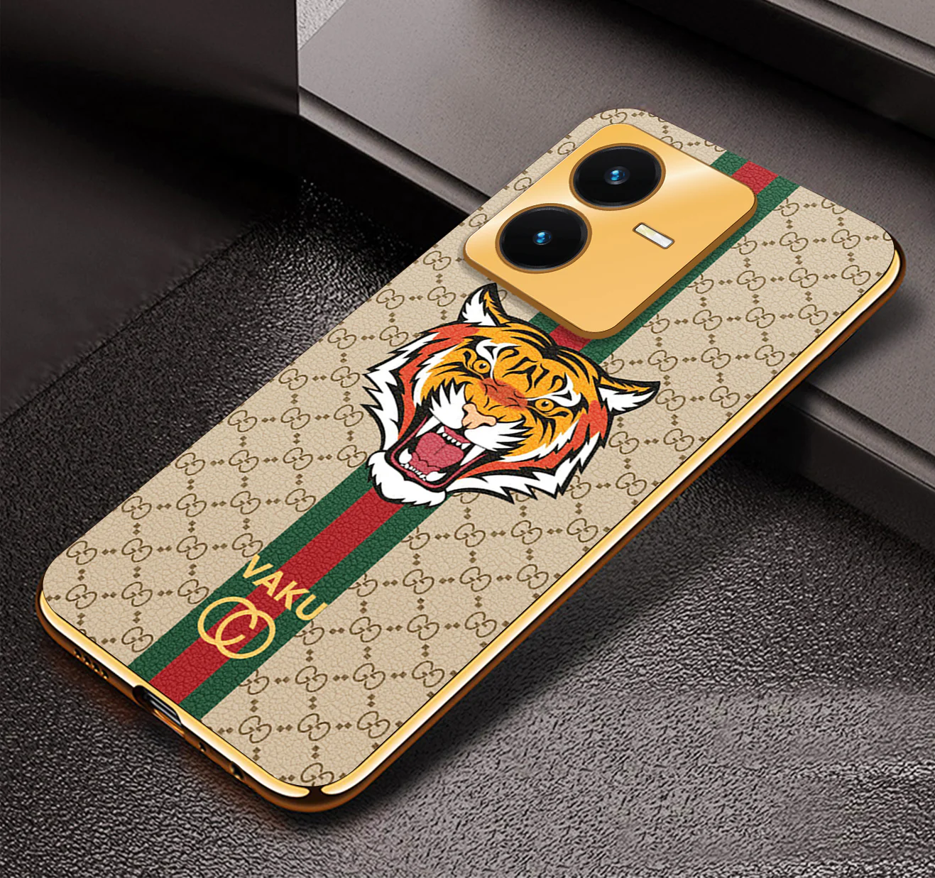 Vaku® Vivo Y22 Lynx Designer Leather Pattern Gold Electroplated Soft TPU Back Cover Case
