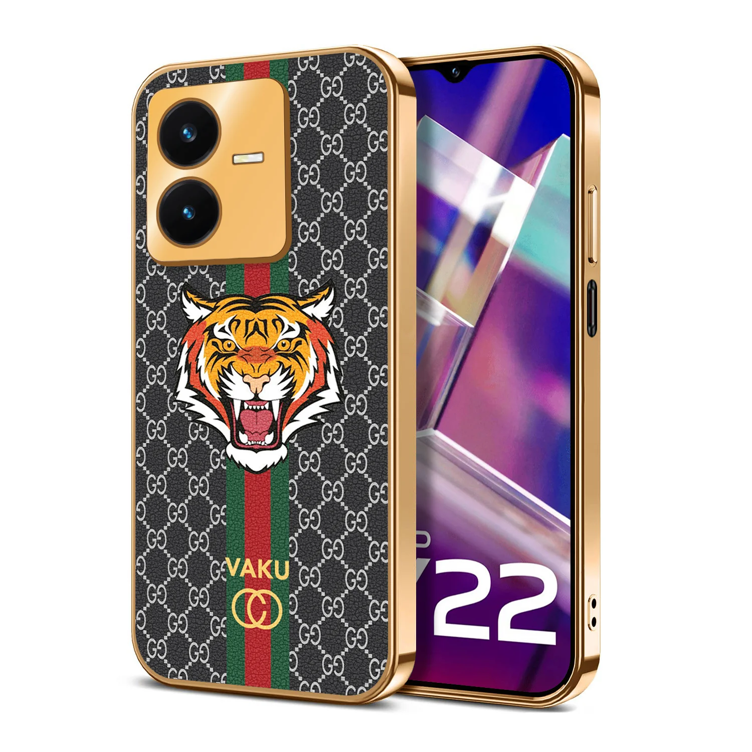 Vaku® Vivo Y22 Lynx Designer Leather Pattern Gold Electroplated Soft TPU Back Cover Case - Image 11