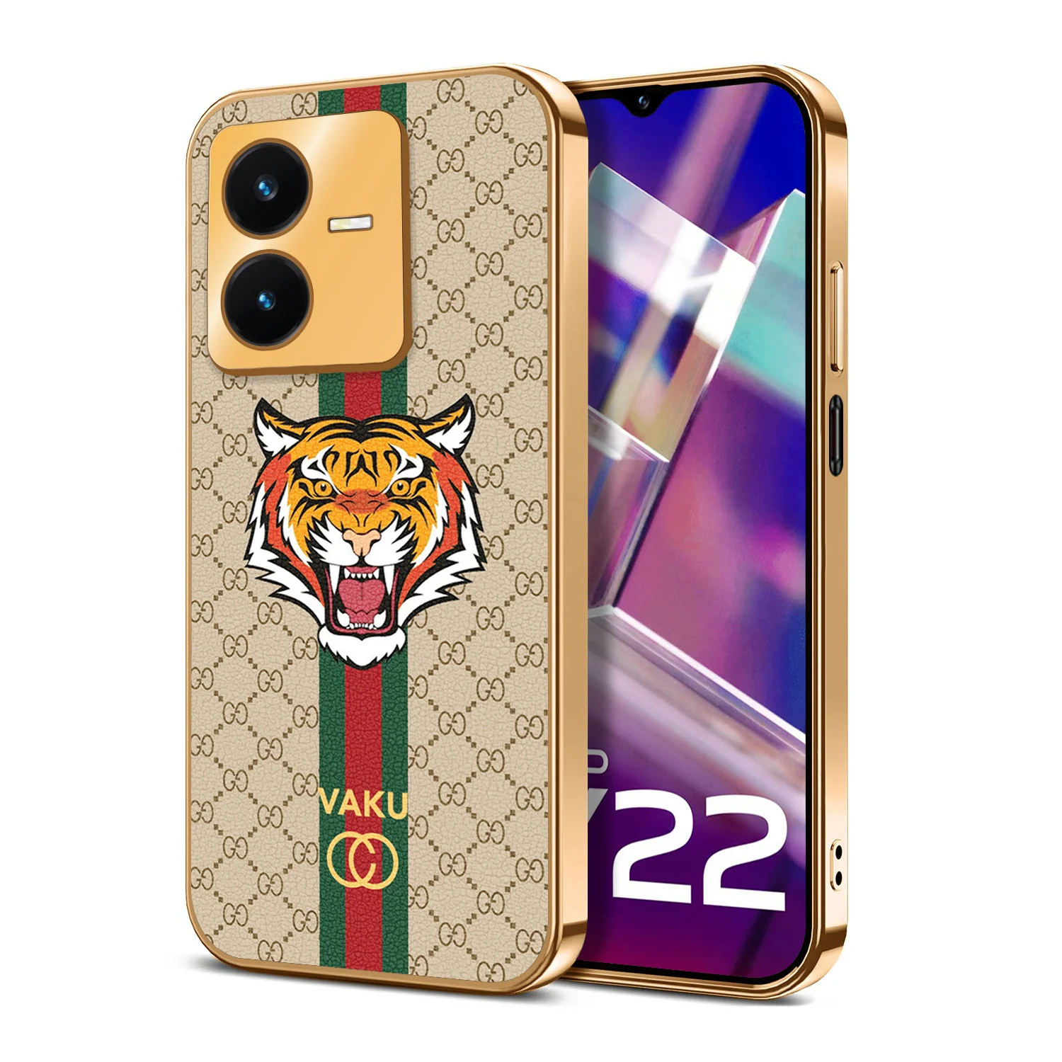 Vaku® Vivo Y22 Lynx Designer Leather Pattern Gold Electroplated Soft TPU Back Cover Case - Image 14